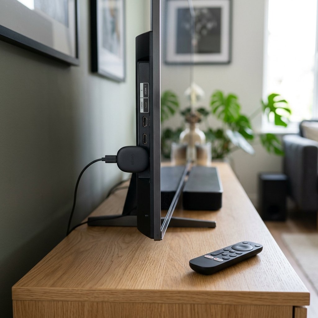Streaming device plugged into television for cord-cutting setup