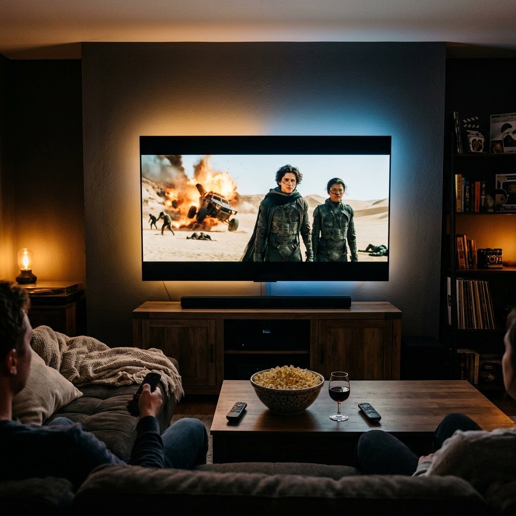 Cozy home cinema movie watching setup
