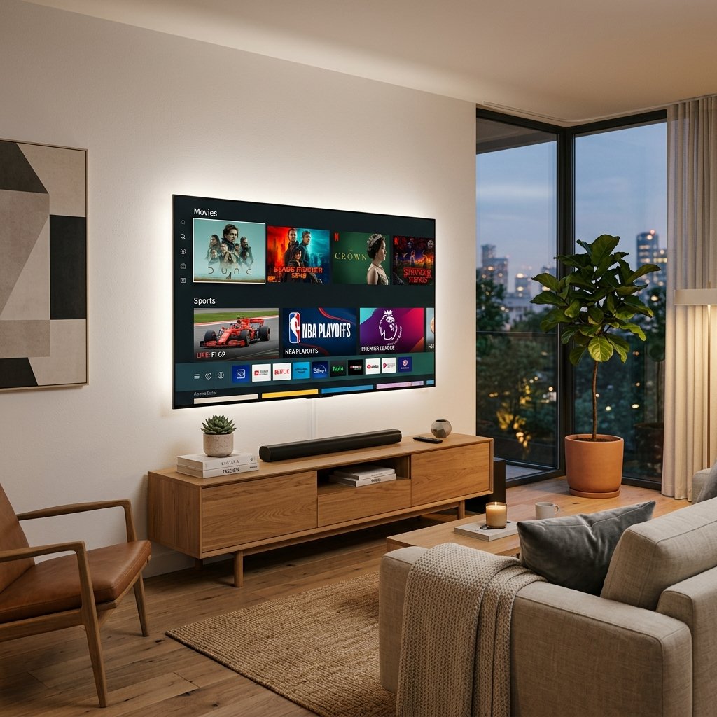 Modern living room Smart TV entertainment center setup with RedStream TV